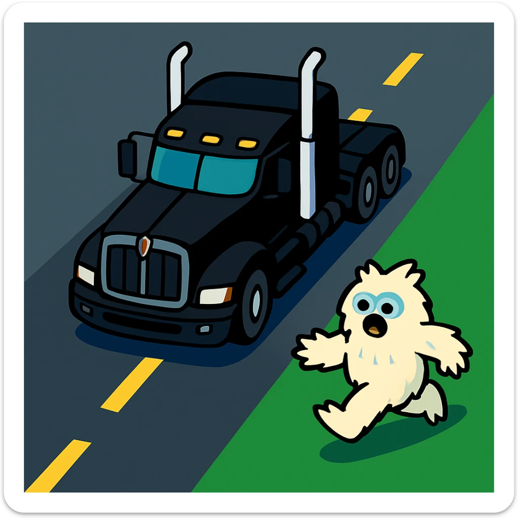 Put the small furry abominable snowman on the road in front of the black Kenworth W680 flat top semi truck, top-down colorful and playful style, no text. The style should be colorful and playful, top-down, with no text. sticker