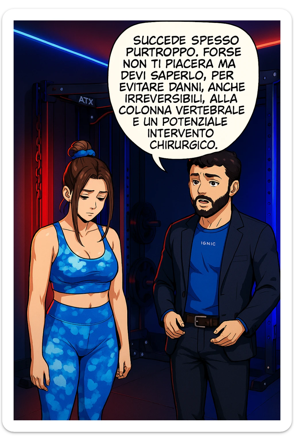 fai questa immagine in versione fumetto/manga/webtoon a colori, il manga mostra l'uomo che risponde alla donne:
Succede spesso purtroppo. 
Forse non ti piacerà ma devi saperlo, per evitare danni, anche irreversibili, alla colonna vertebrale e un potenziale intervento chirurgico. sticker