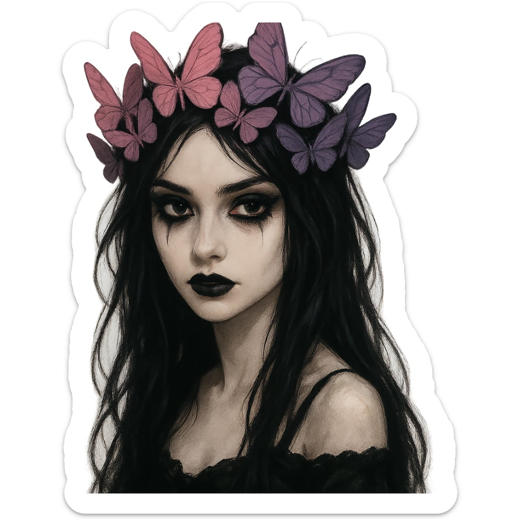 gothic emo girl, matte pink and purple butterfly crown, dark eyeliner, expressive eyes, mysterious and elegant sticker