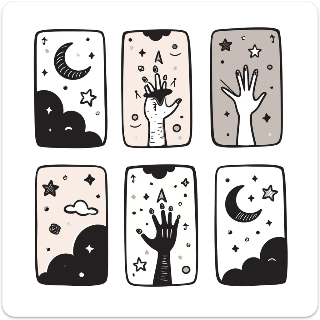 Tarot cards with mystical symbols in pastel colors (dd9fb0, ffc6d3, a3bfc9, c4bee2, f1b091), hand-drawn doodle style sticker