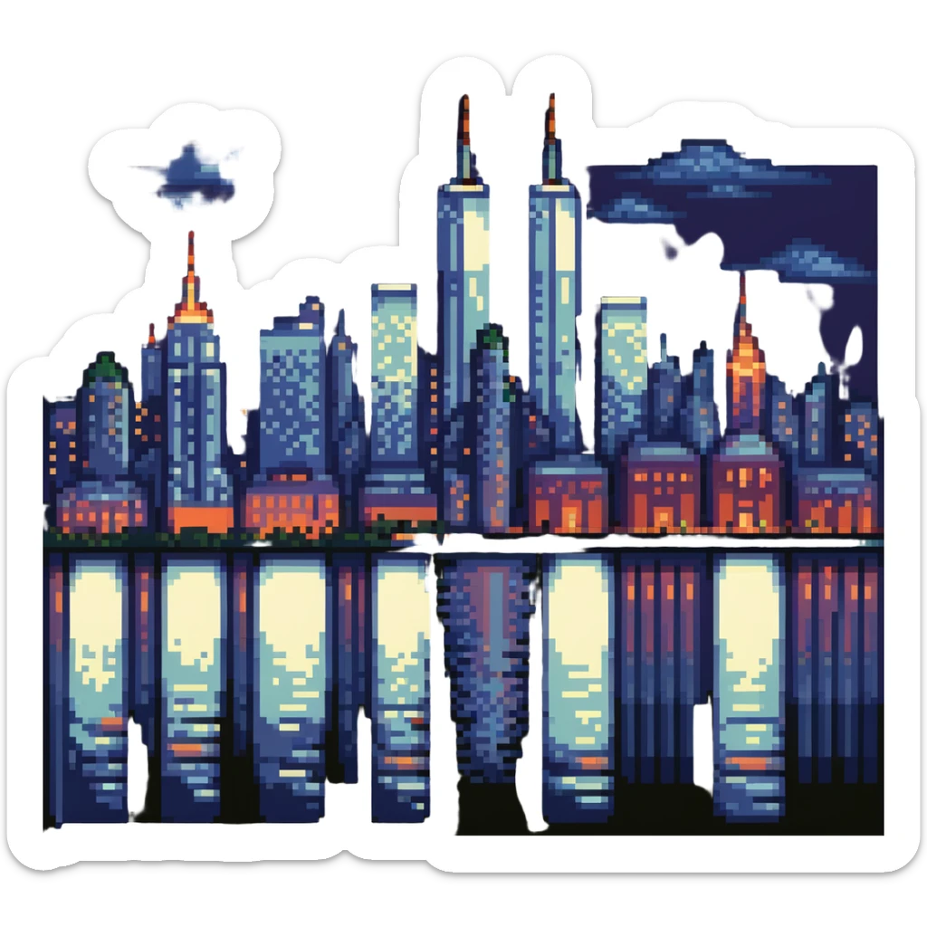 cityscape of New York in 1999, skyline with Twin Towers, night lights sticker