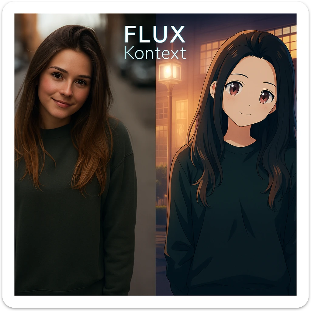 recreate this image and add logo of  text "FLUX Kontext" on top of it sticker