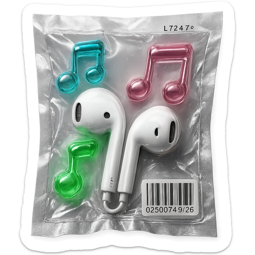 pair of white EarPods with three floating glass music notes in neon colors, shiny and puffy sticker