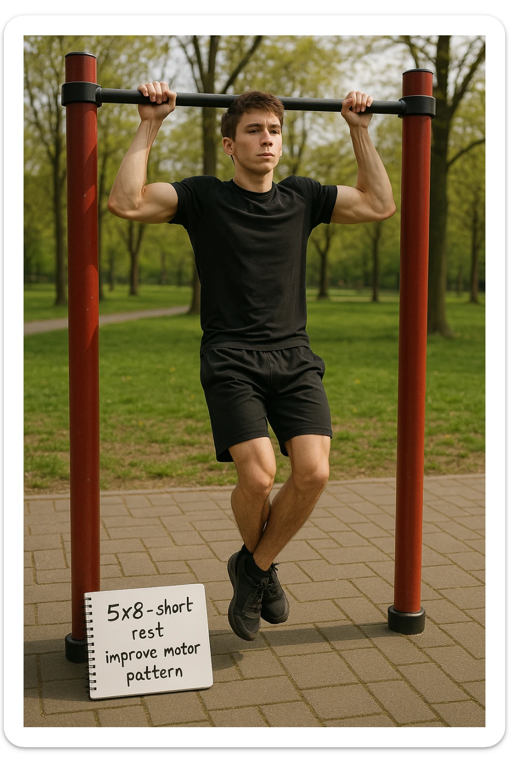 Giovane principiante dello streetlifting in un parco, fisico ancora asciutto, esegue lunghe serie di trazioni senza peso, con tecnica controllata. A terra, un taccuino con scritto '5x8 - riposo breve - migliorare schema motorio'. Espressione concentrata. Luce naturale, atmosfera educativa, senso di costruzione progressiva. sticker