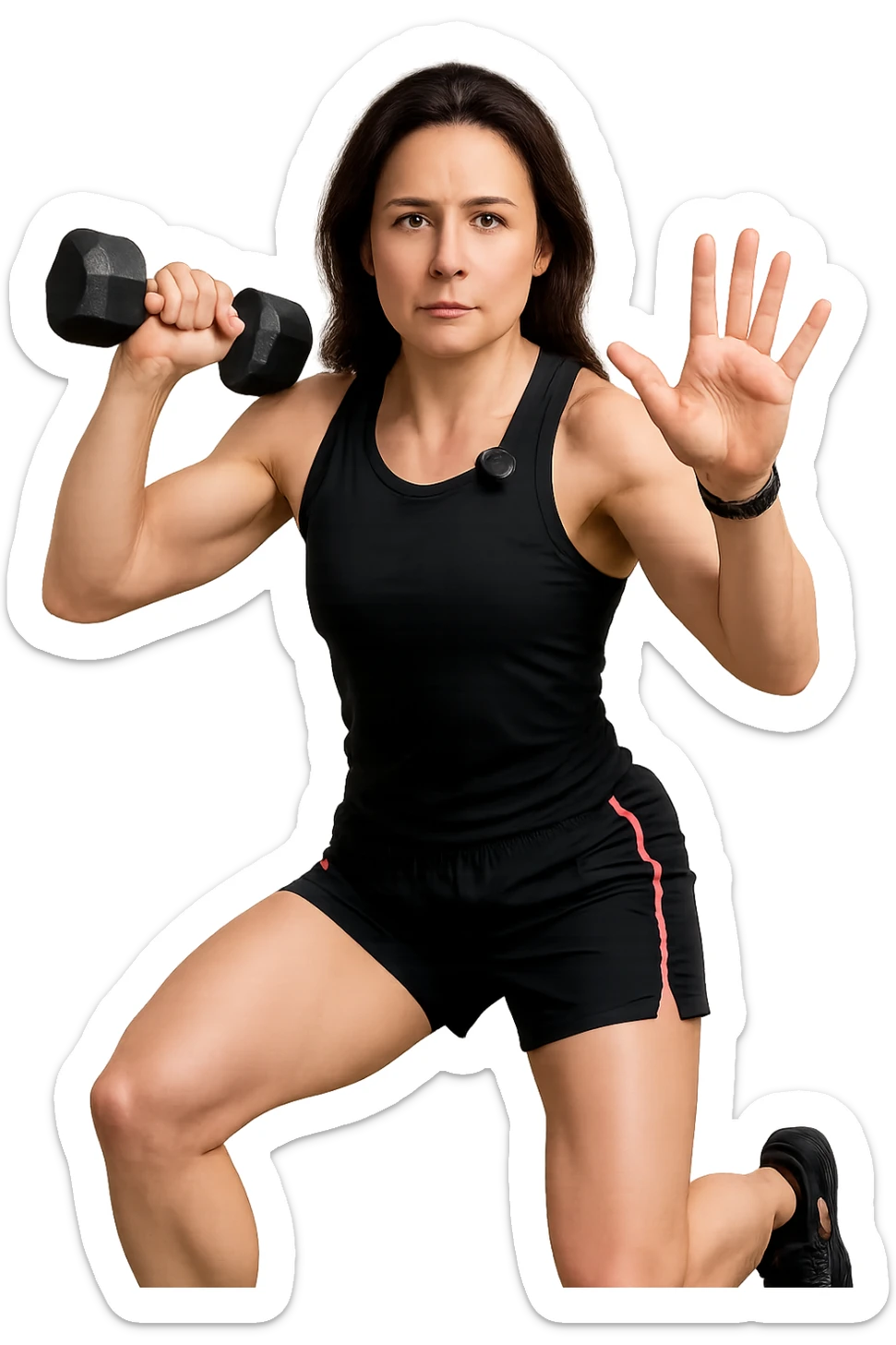 Allenamento ad alta intensità donna mentre fa pesi con in mnao due manubri sticker