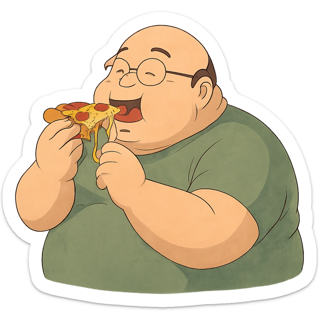 ghibli style illustration of a very fat bald man with glasses eating pizza sticker