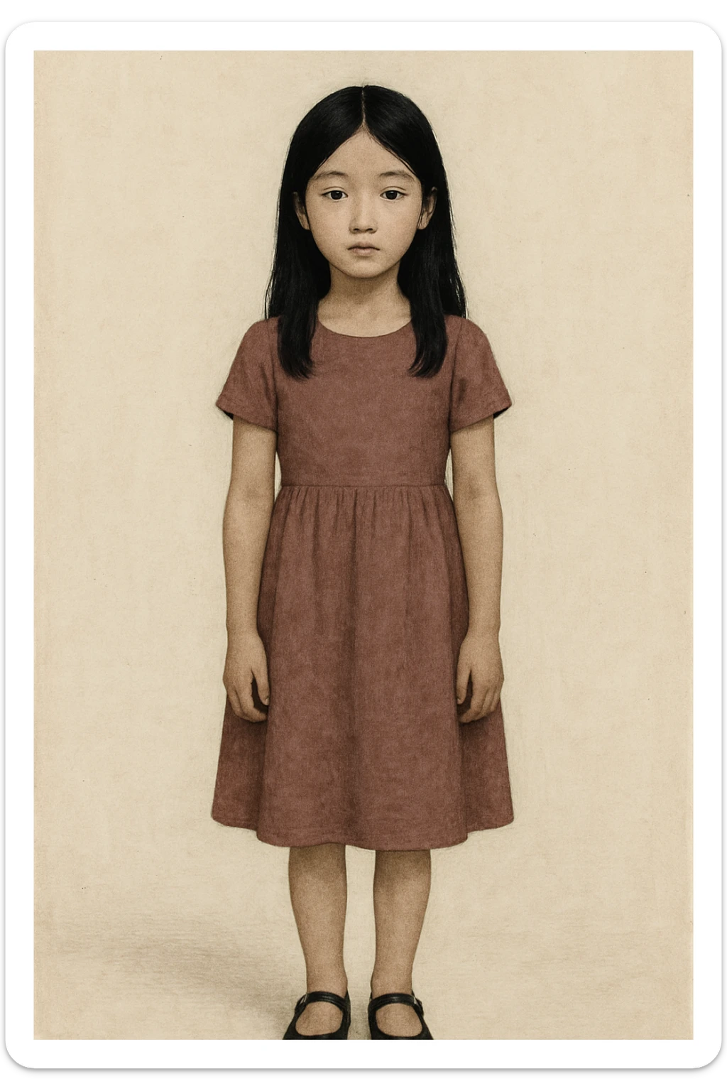 full body girl in a dress with black hair, neutral expression, simple background sticker