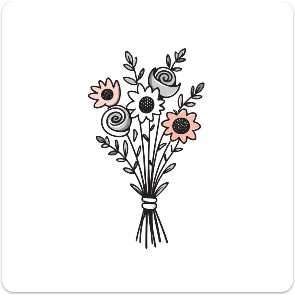 a hand-tied bouquet of assorted flowers with stems and leaves, pastel colors dd9fb0, ffc6d3, a3bfc9, c4bee2, f1b091, detailed hand-drawn doodle style sticker