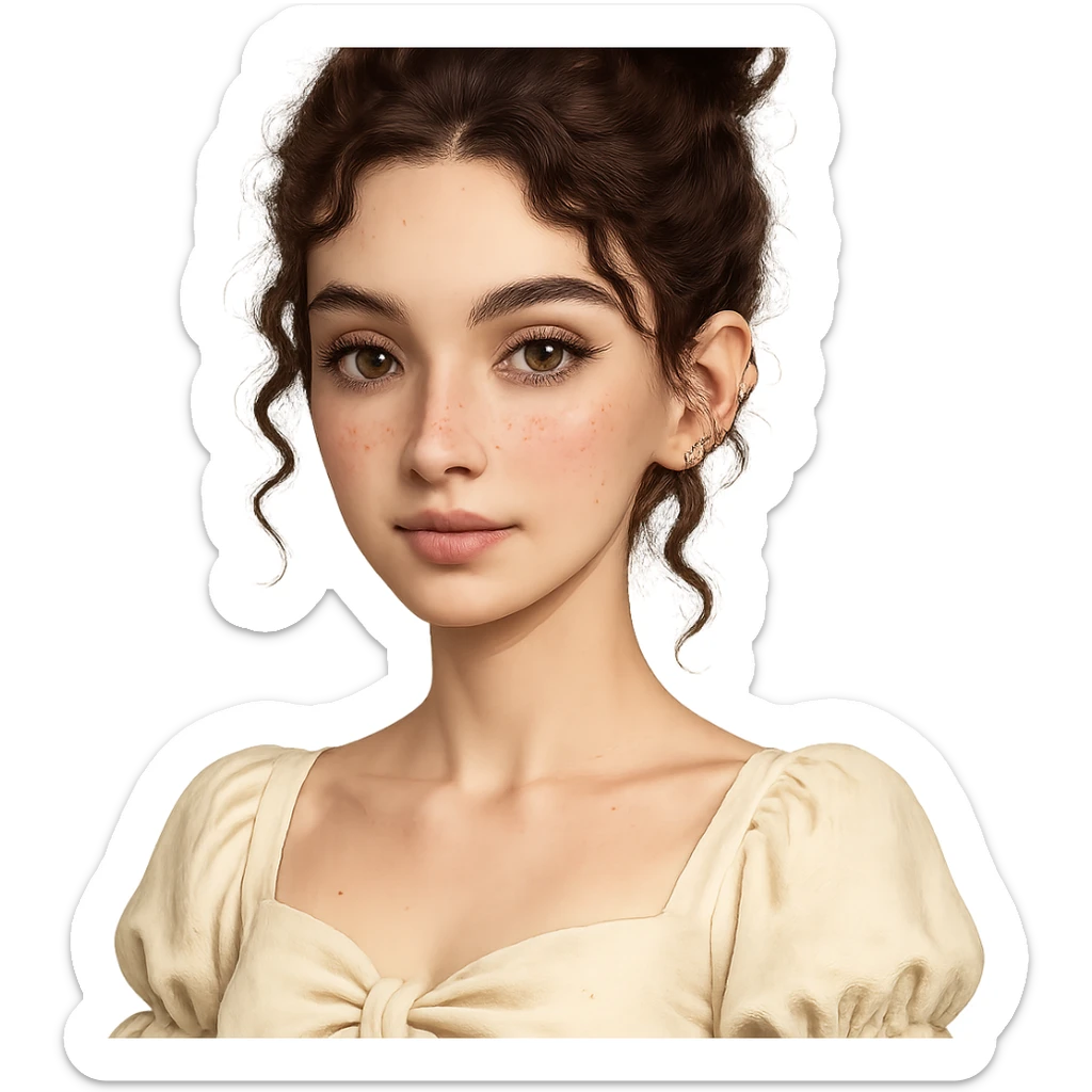 Portrait of a cute white-skinned girl with a V-shaped face and slim build, dark brown curly hair up to shoulder blades styled in a messy bun with two curly strands and a mini curl in front of each ear. Large almond-shaped brown eyes with a neutral to positive gaze, very long lashes, subtle straight brown eyeliner, brown waterline. Medium Greek nose, straight and slightly thick brown eyebrows, medium lips with light brown lipstick. Noticeable cute pink blush, few freckles on cheeks and nose, wearing coquette style clothing. Piercings: 1, 2, 3 lobes, helix and tragus on each ear. Neutral background. sticker
