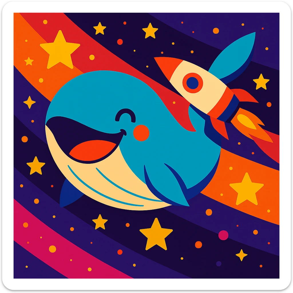 Add a colorful rocket ship flying near the happiest whale in space, maintaining the vibrant, joyful style and cosmic background. sticker