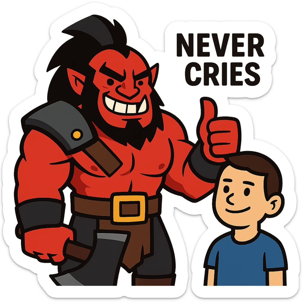 A cartoonish Dota 2 hero (like Axe) giving a thumbs-up to a player who never cries sticker
