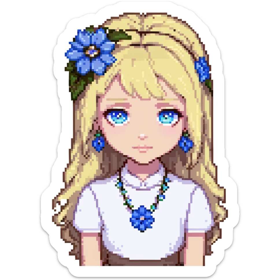 Minecraft pixel art face of Crystal, with blonde hair, blue flower accessory, big blue eyes, matching the reference sticker