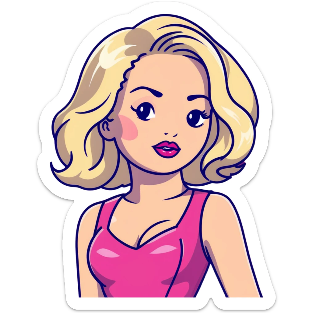 gorgeous woman with platinum wavy blonde hair with big puffy pouting burgundy lips, makeup, wearing a pink leather dress with cleavage, swaying her hips sticker