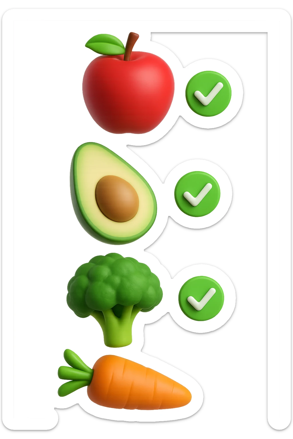 emoji stile iphone in 3d di cibo sano che fluttua in aria vericalmente insieme a spunte verdi di verificato, iperrealistico 4k sticker