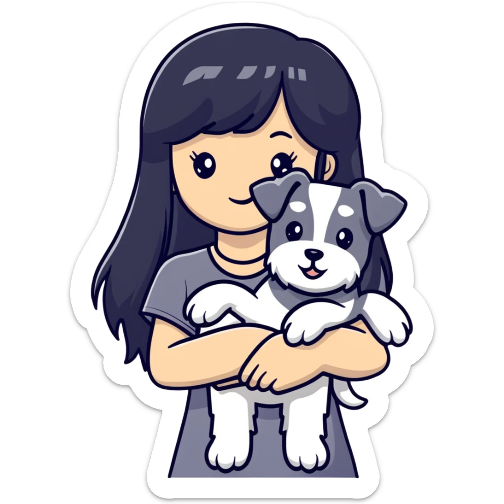 Girl with long black hair and bangs holding a white schnauzer dog sticker