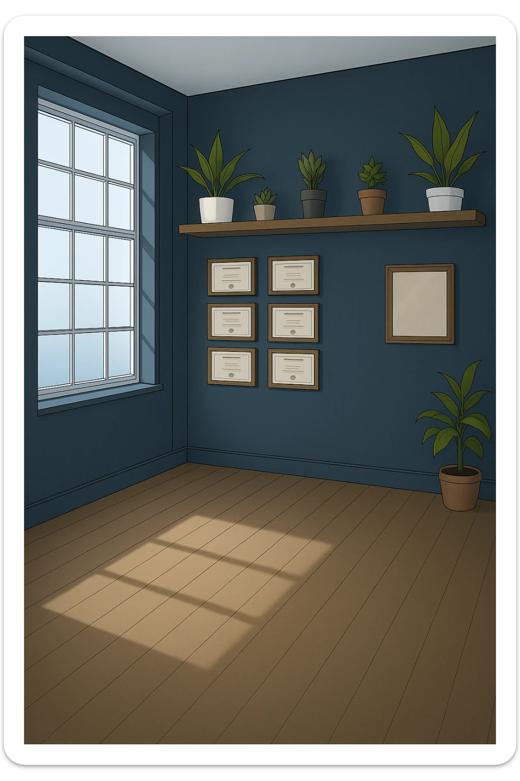 PRENDI SPUNTO DAI COLORI E DALLO STILE DELLA STANZA CON L'UOMO CON IL CAMICE E faMMI QUESTA STANZA VUOTA STILE MANGA/WEBTOON A COLORI SENZA LE PERSONE, SOLO LA STANZA. FALLA MOLTO PIù LUMINOSA, NON LUCI GIALLE sticker