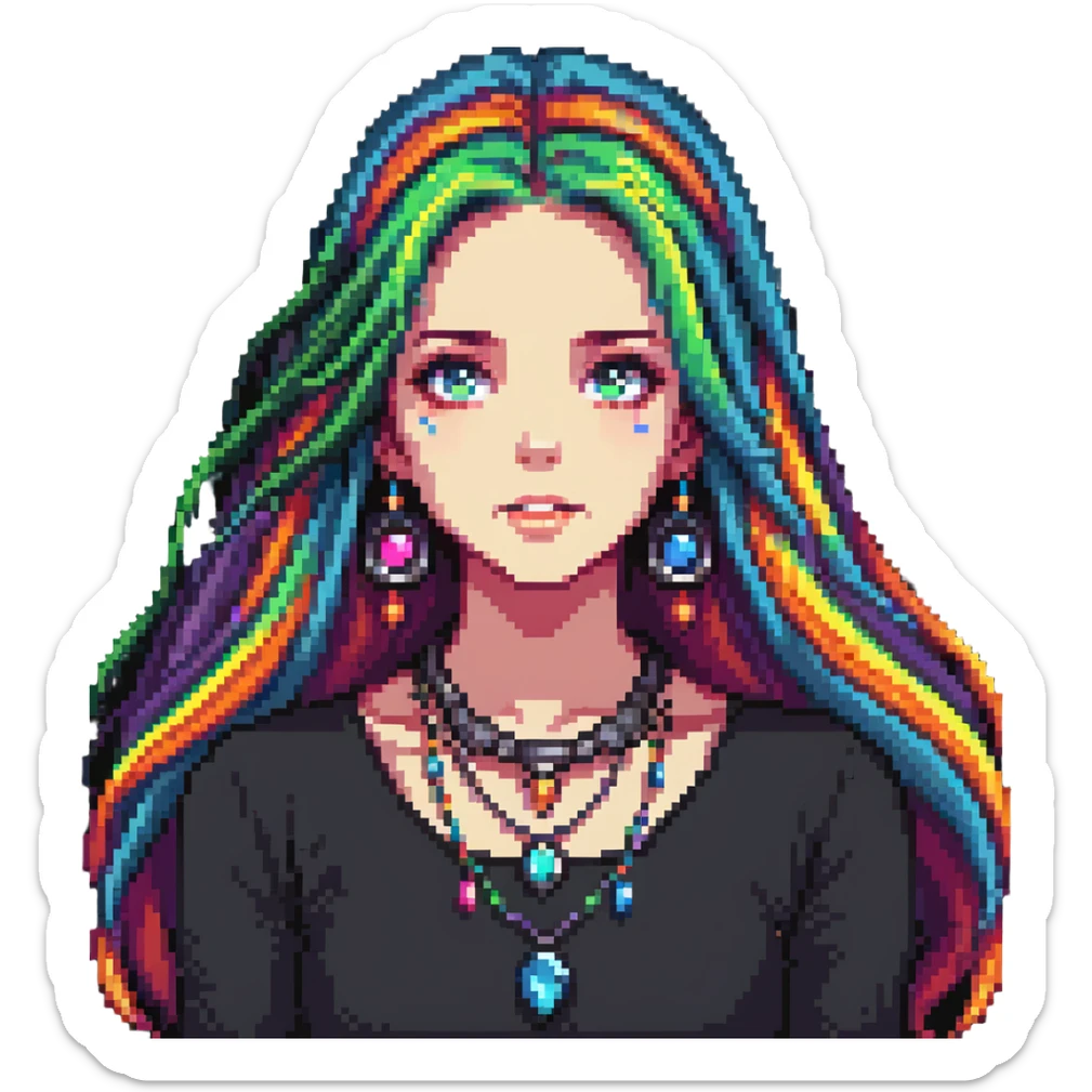 Beautiful girl with metal jewelry, colorful, long hair, dreamy expression sticker