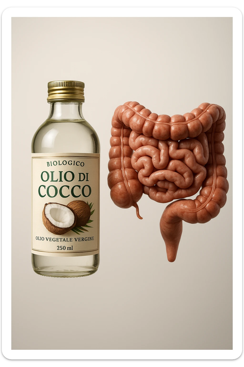 BOCCETTA DI OLIO DI COCCO BIOLOGICO (FAI UN ETICHETTA SUL PRODOTTO IN ITALIANO) CHE FLUTTUA IN ARIA INSIEME A UN INTESTINO UMANO ANATOMICO IN PERFETTA SALUTE, SFONDO CHIARO, iperrealistico 4k sticker