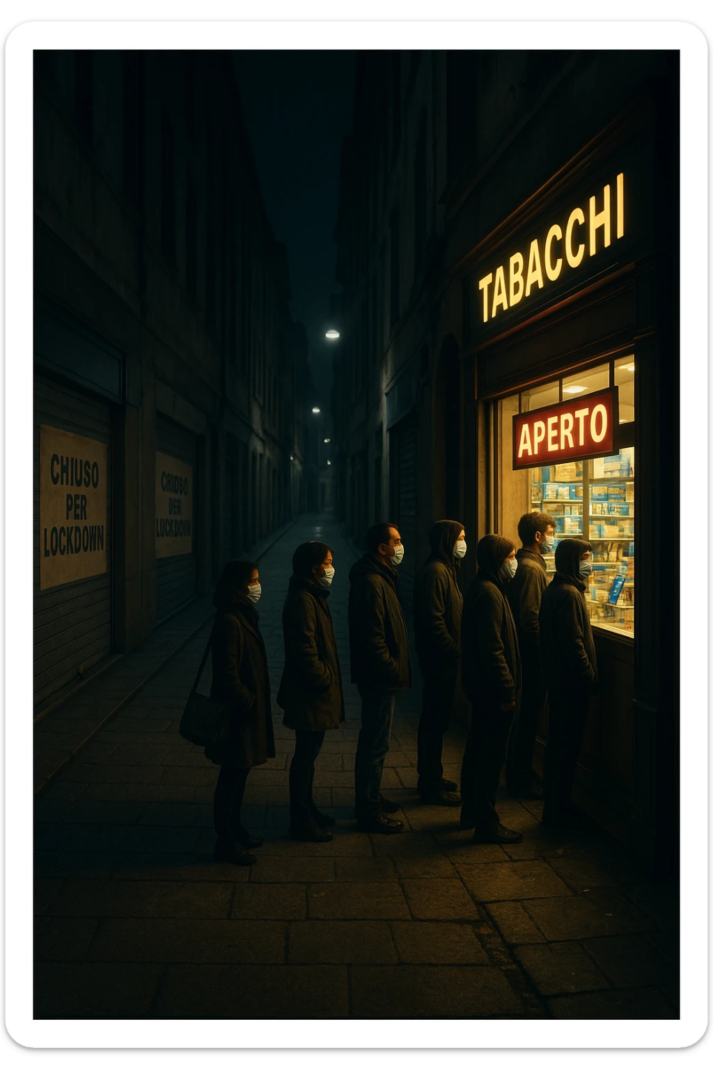 a deserted city street with all shops and businesses shuttered, their windows covered with “Chiuso per Lockdown” signs. In contrast, a brightly lit tobacco shop stands open, with a glowing “Aperto” sign and people lined up outside, all wearing masks. The mood is somber and critical, highlighting the paradox. in italiano sticker
