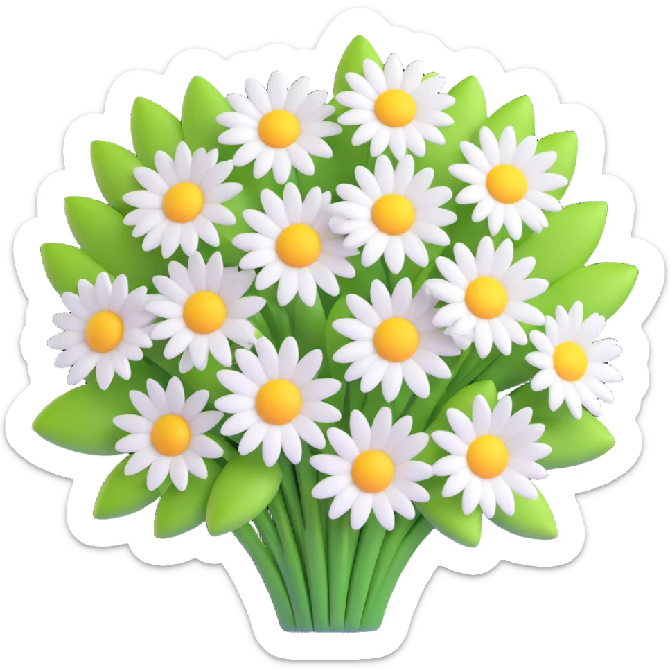 3D iOS emoji style, bouquet of daisies, vibrant white petals, yellow centers sticker