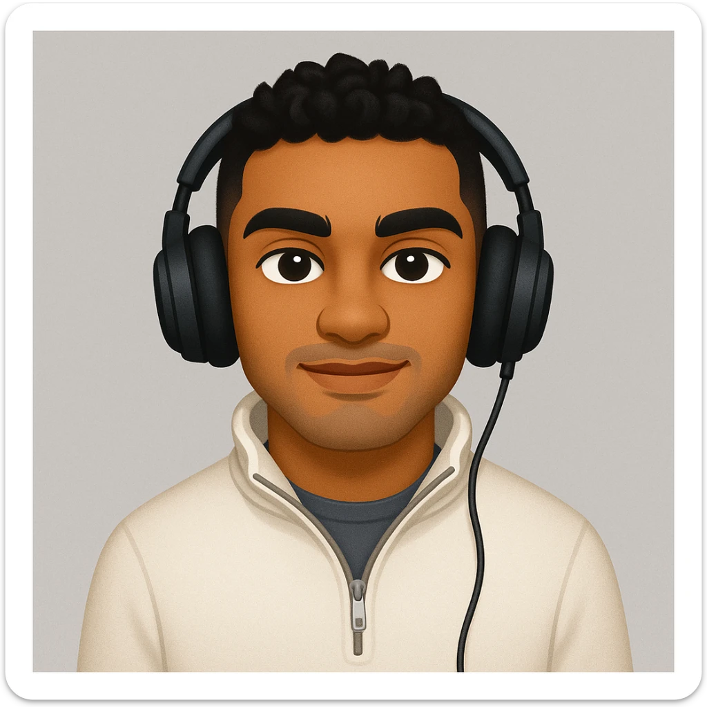 Edit the emoji portrait to closely match the reference photo's facial features, hairstyle, and skin tone. Maintain the music-forward, jaded but positive urban streetwear vibe. Include a music accessory such as headphones. The expression should be confident. The style should resemble an emoji but adapted for editing in the general style editor. sticker