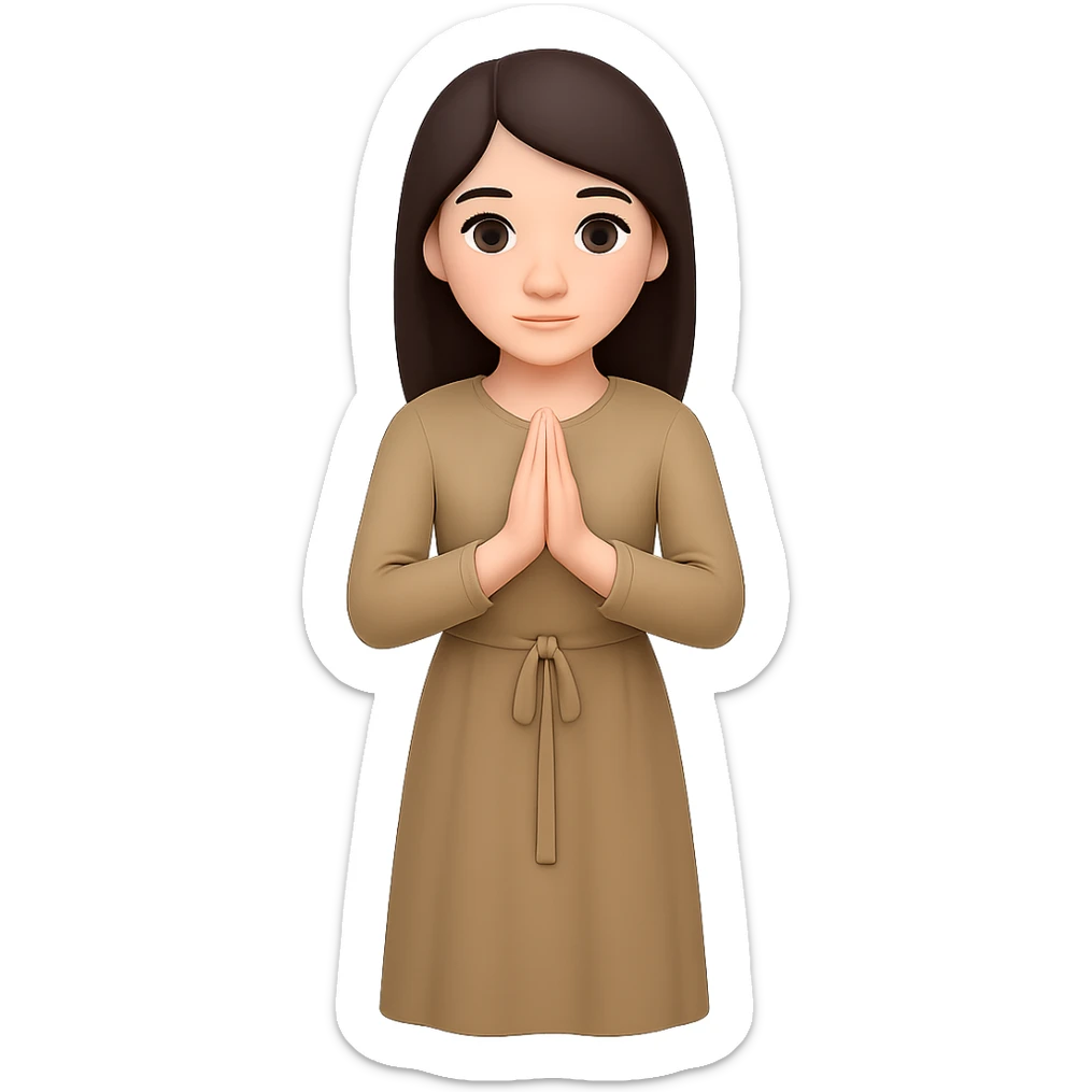 Show the woman standing and praying from the front view, wearing a long tan dress, with dark brown hair, in emoji style. Remove the background. sticker
