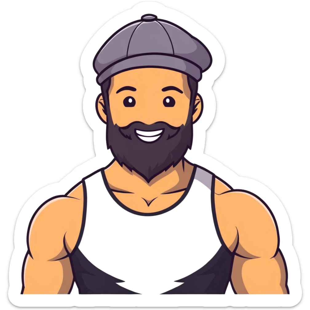 Muscular man with mid-long hair wearing a hat, big beard, smiling, white tank top sticker