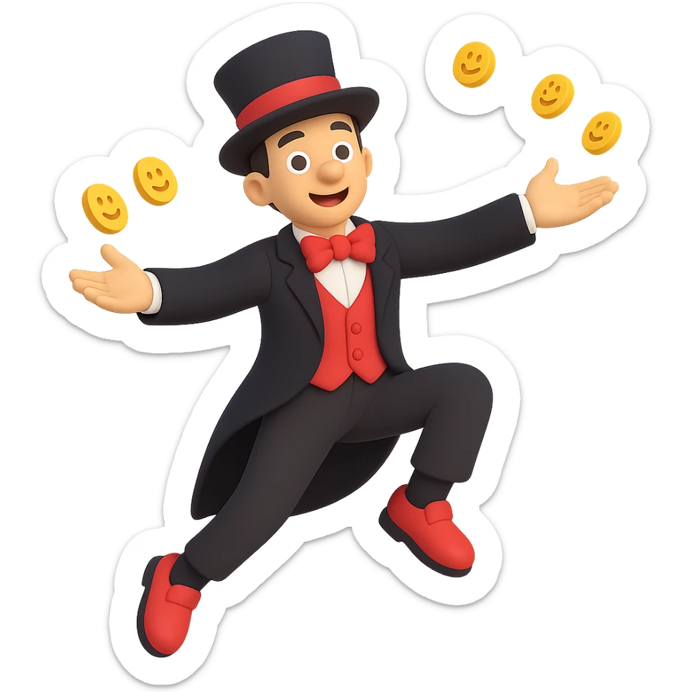 Add a waist length black coat to the street magician in 3D emoji style, preserving the 3D emoji look and no background. sticker