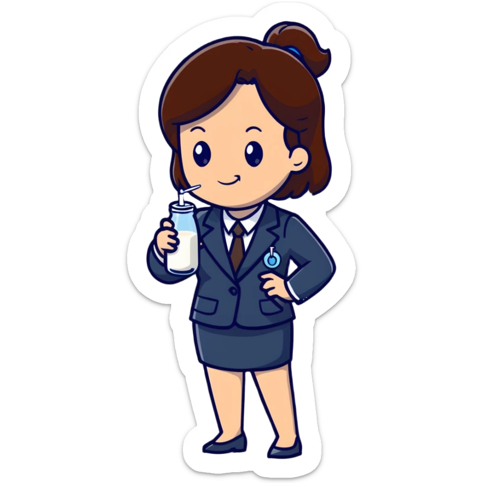 Mom with brown hair in business suit drinking milk and holding a vaccine syringe sticker