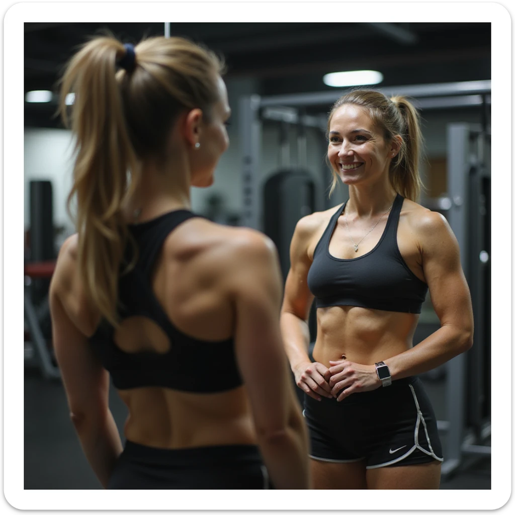 hyperrealistic 4K image of a confident woman looking at herself in the gym mirror, athletic physique, satisfied expression, wearing sportswear sticker