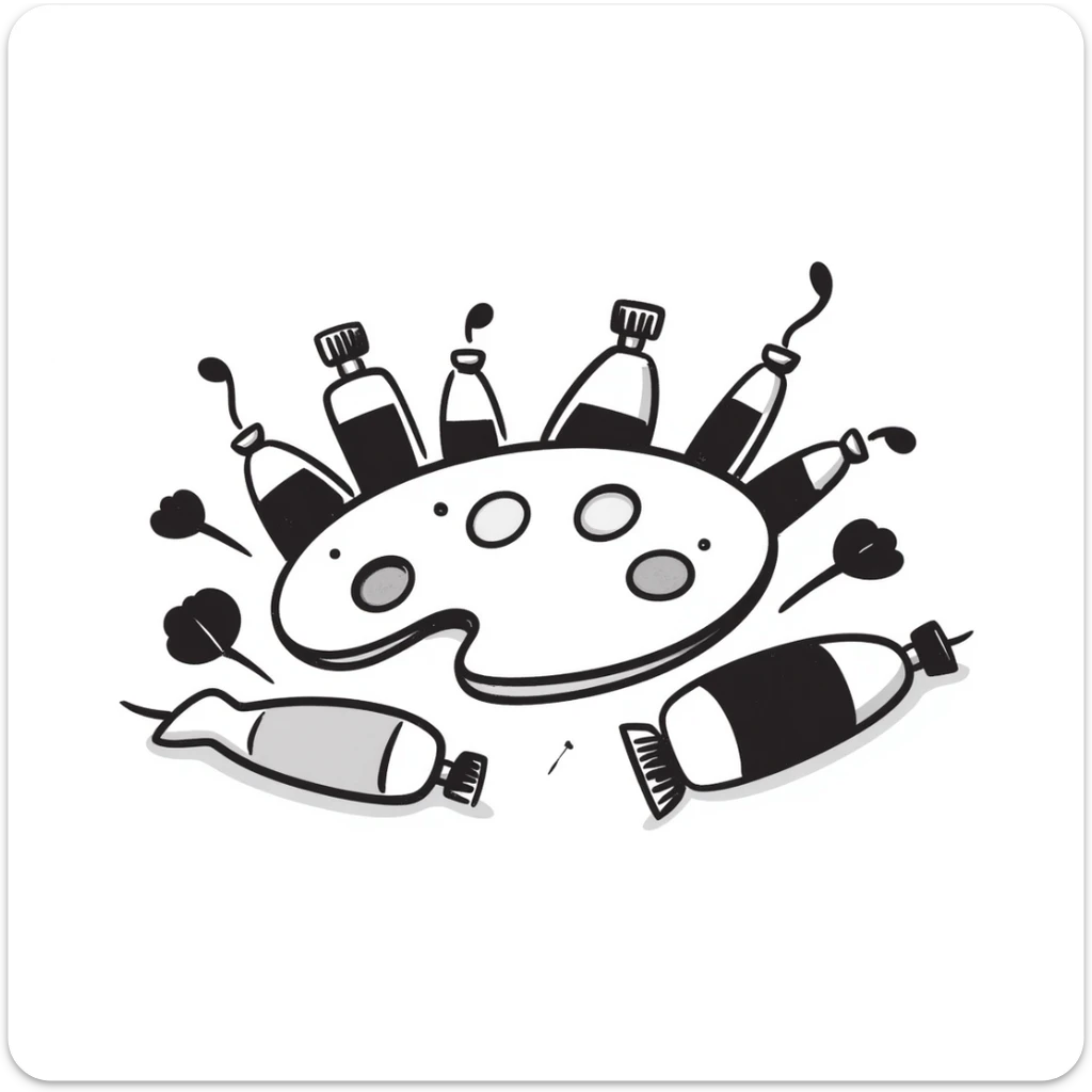 A set of artist's paints with tubes and a watercolor palette in pastel colors (dd9fb0, ffc6d3, a3bfc9, c4bee2, f1b091), hand-drawn doodle style sticker