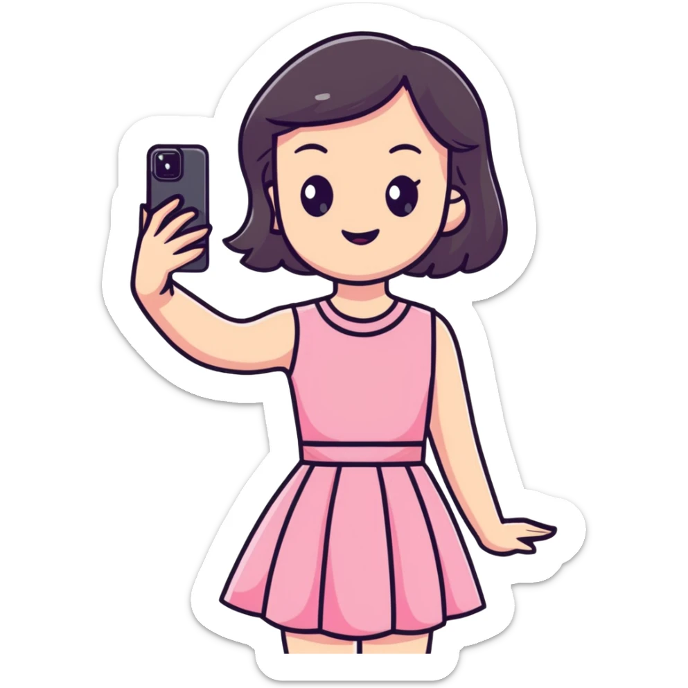 girl wearing a cute pink dress taking a selfie sticker