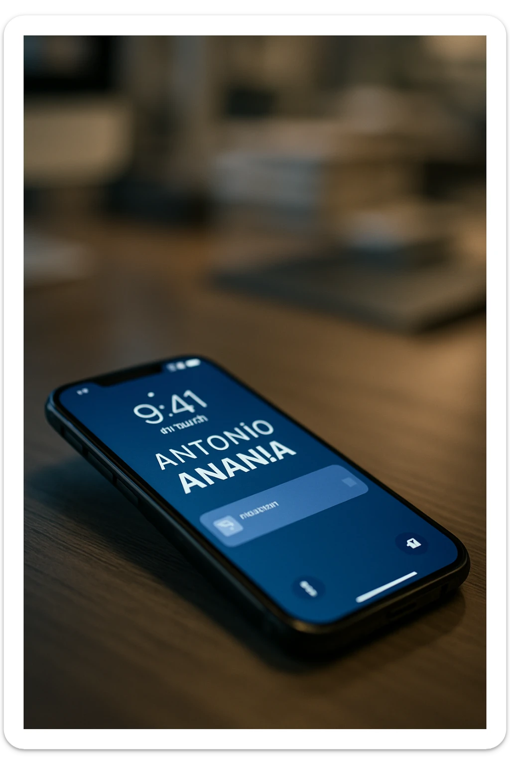 A photo of an iPhone with the message "Antonio Anania" on its screen, The phone sits atop a desk with a blurred background that suggests work environment. A faint glow from above casts gentle shadows across the surface of each object, creating depth and highlighting their textures. sticker