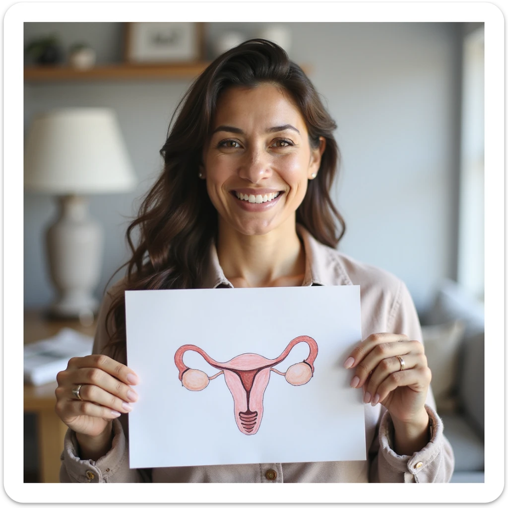 woman with PCOS holding a drawing or print of enhanced oocytes, confident smile, bright clinical or home environment, realistic photography sticker