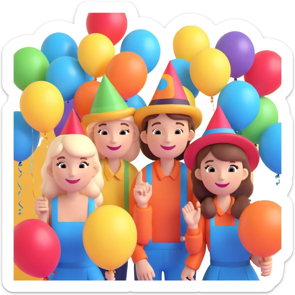 a crowd of partygoers with hats and balloons, smiling and having fun, 3D emoji style sticker