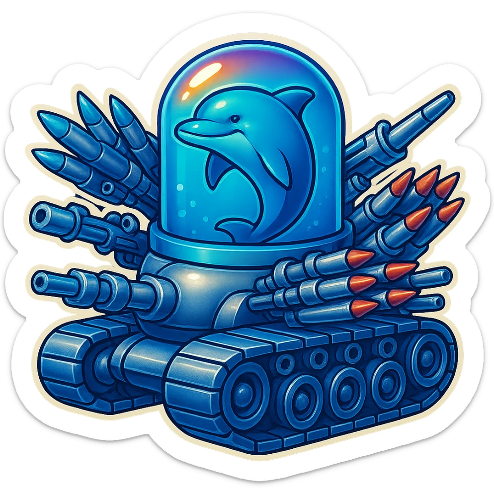 Edit the images to depict a menacing dolphin in a water tank mounted on tank treads with a lighter metallic look and less grainy texture. The water in the tank should be blue. Add many missiles and weapons all pointing forward. Maintain the retro sticker style with no border. sticker