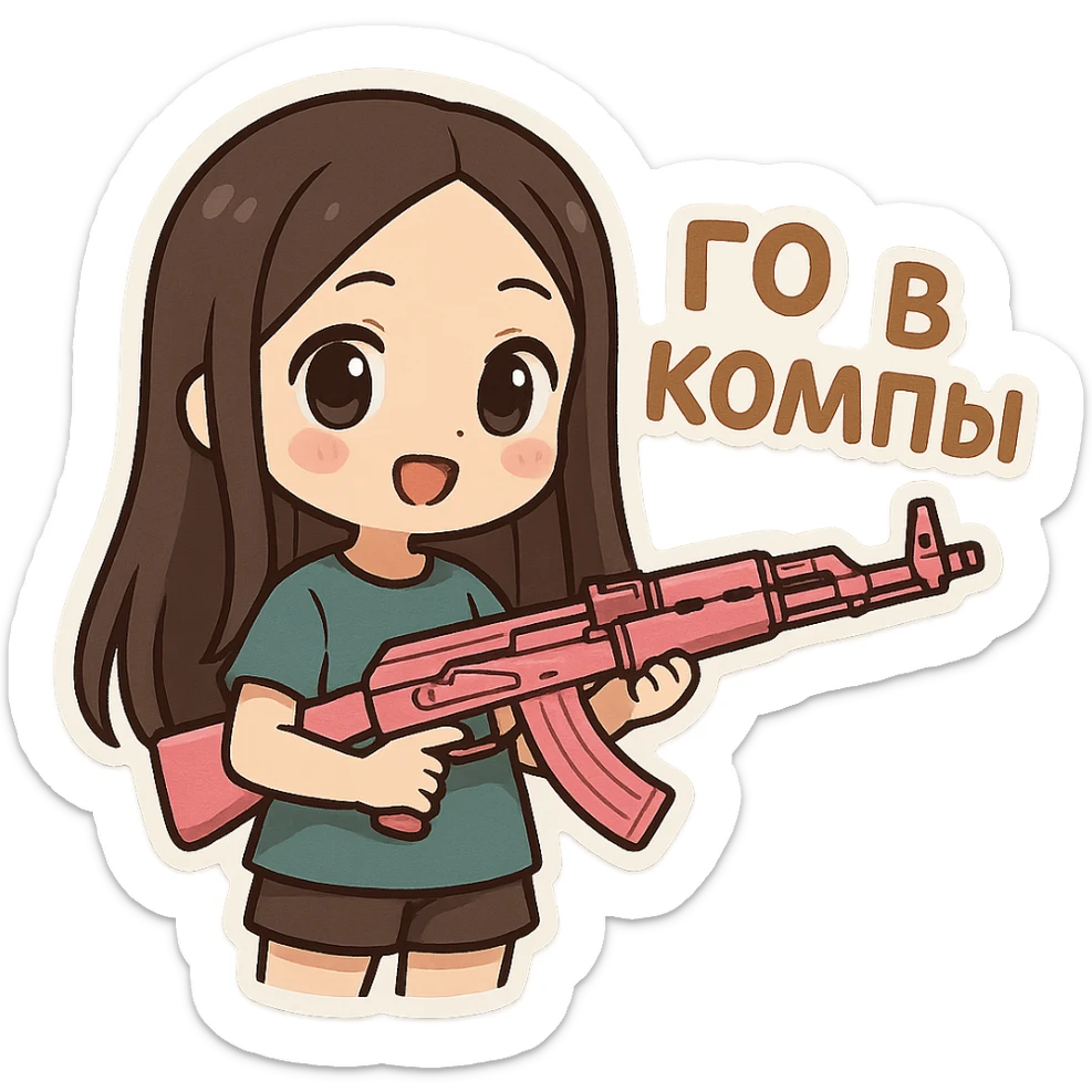 Девушка с темно коричневыми и длинными до поясницы волосами без челки держит розовый ак-47 и надпись: го в компы  sticker