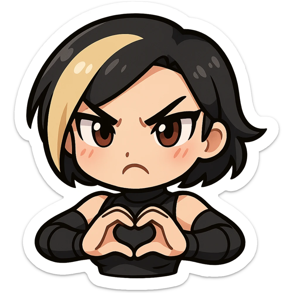 Sexy chibi ninja girl with black short hair and a blonde streak, only head and arms, making a heart gesture with her hands, bold outlines, transparent background, no mask, showing an angry emotion, sized for Twitch emoji use. sticker