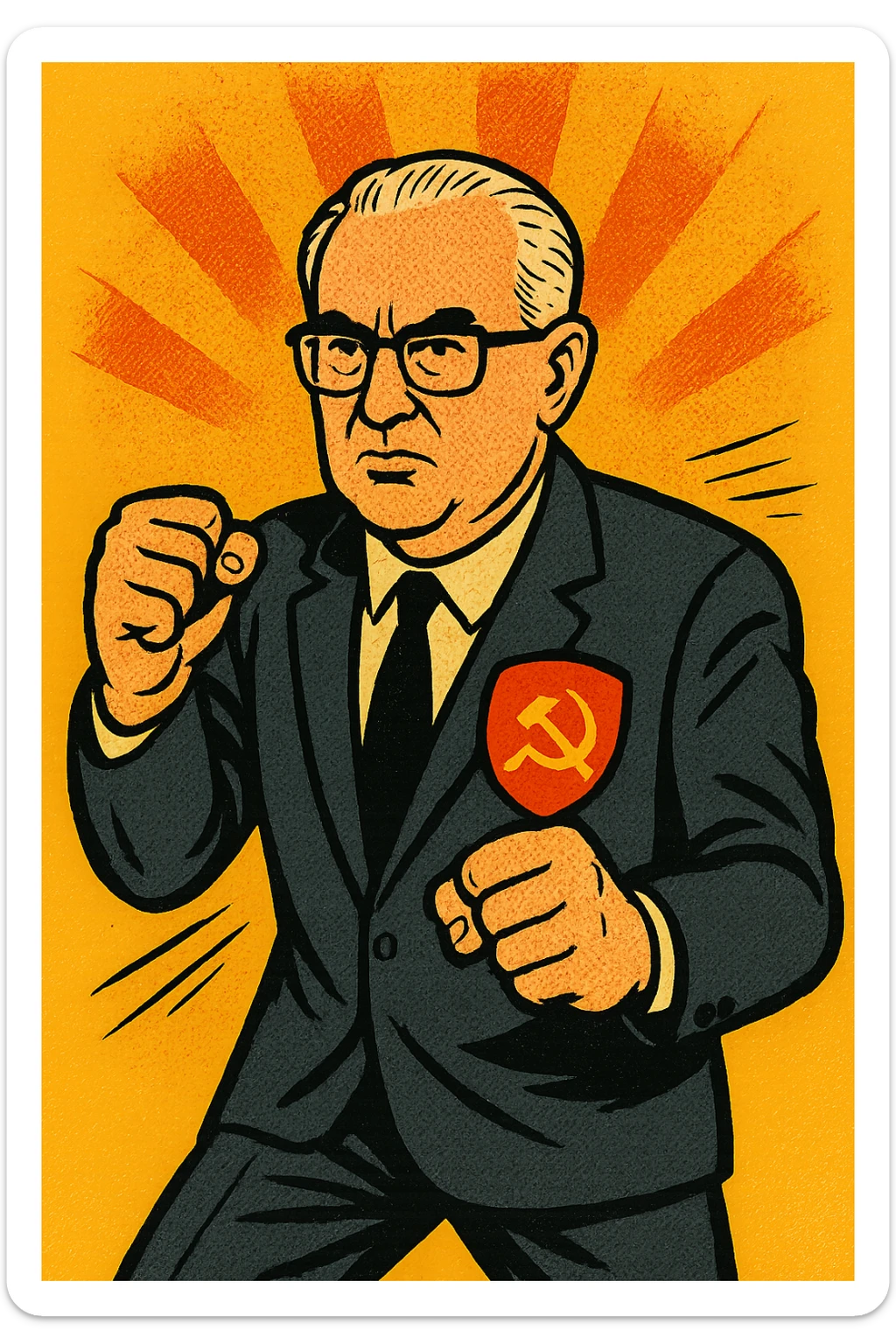 The full body of Soviet leader Yuri Andrapov looking determined with his fists out ready to fight. He has a large Communist flag badge on his chest sticker