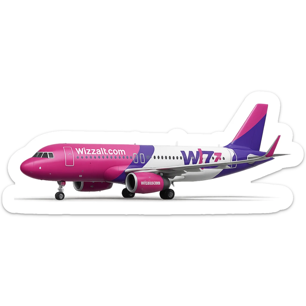 Wizz Air Airbus A320 airplane, pink and purple livery, side view, clean background sticker