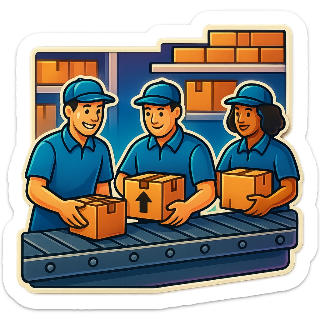 Картинка конвейерной ленты, по ней едут коробки, люди сортируют коробки в разные стороны, не обрезай края обводки sticker