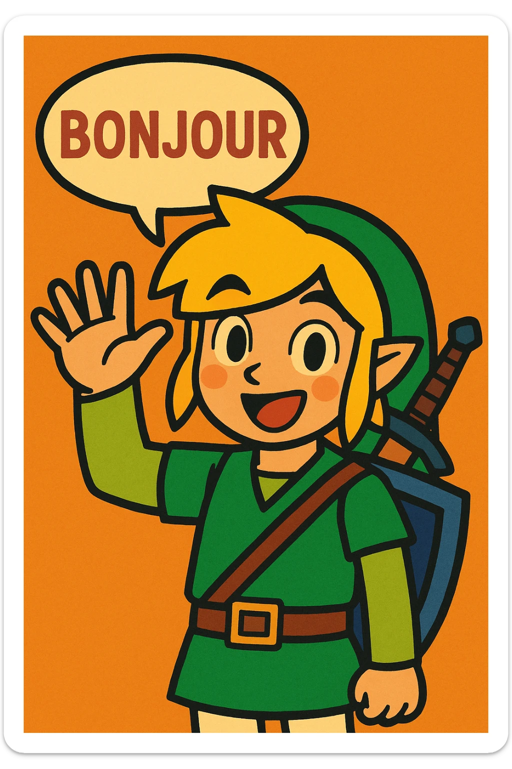 Link from The Legend of Zelda waving and saying bonjour, cheerful expression, vibrant colors, cartoon style sticker