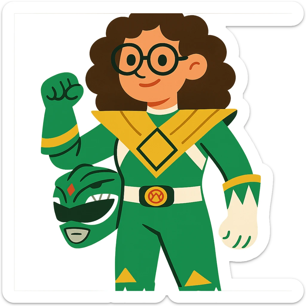 green power ranger, white girl with curly brown hair and glasses sticker