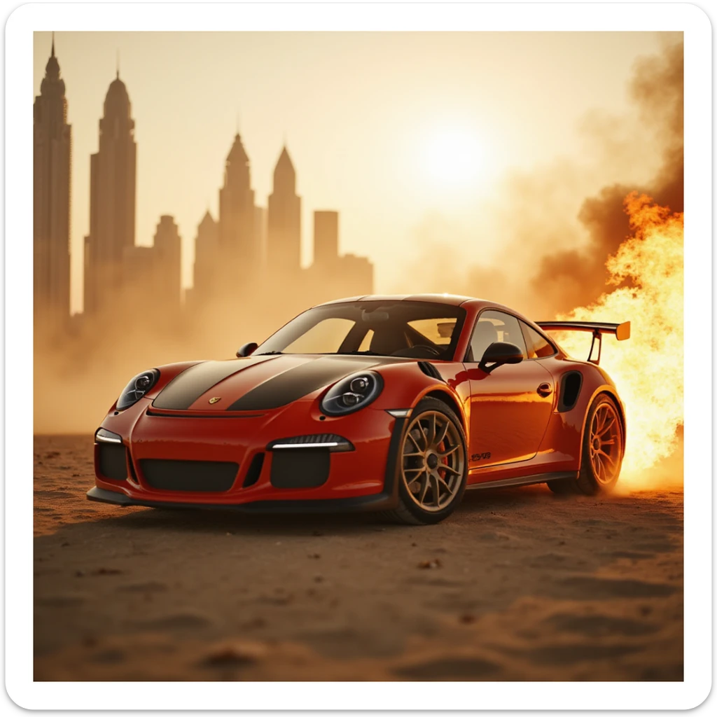 Cinematic shot, Porsche 911 gt3 rs in fire, desert, sunny day, dubai city in background sticker