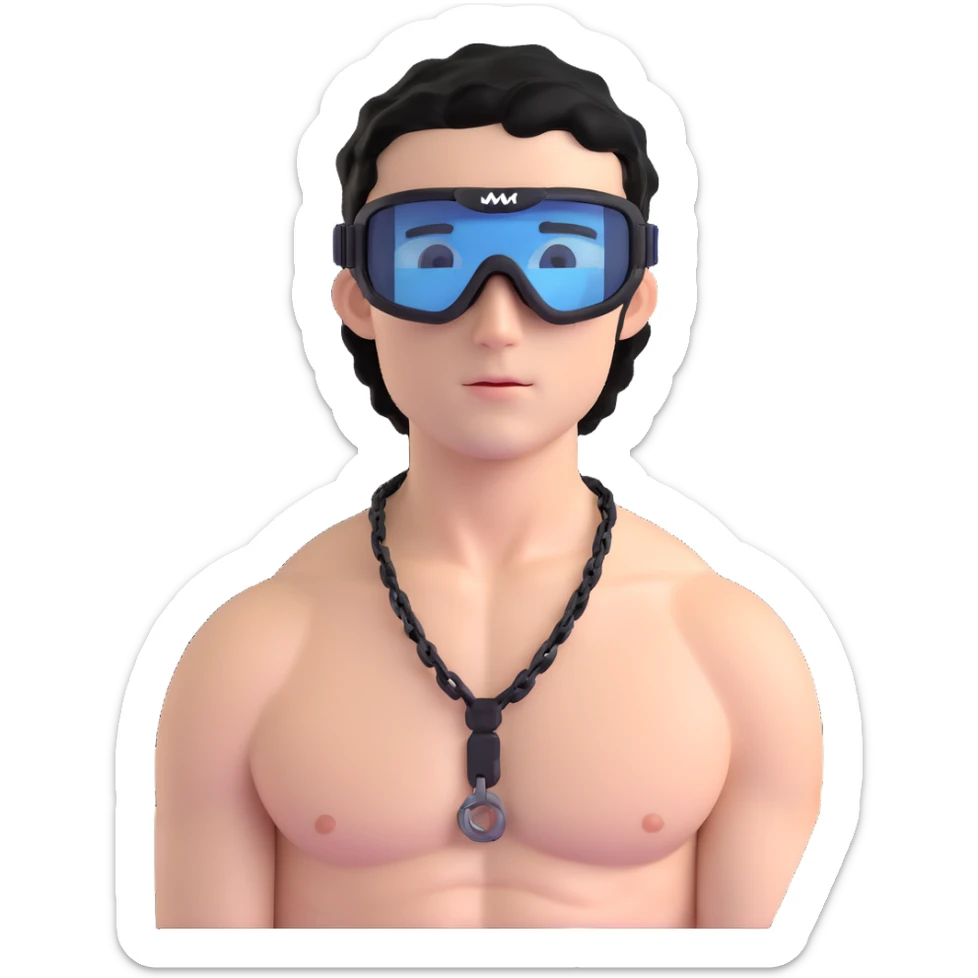 shirtless male athlete with white skin and moderately curly black hair on top with shaved sides, wearing black ski goggles with very dark heavily tinted black lenses that completely hide the eyes, and a simple plain black chain necklace, no earrings sticker