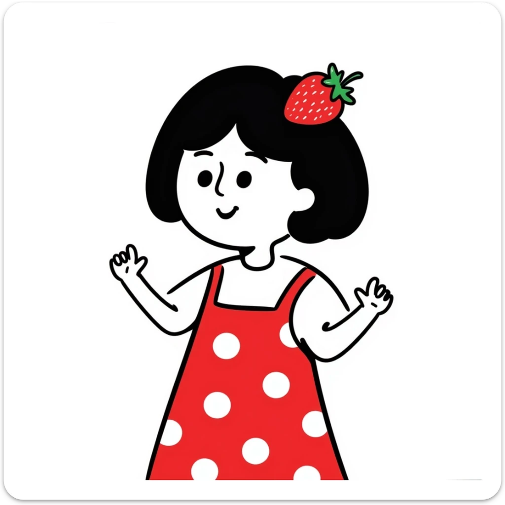 Little girl in red dress with white polka dots and strawberry on the right side of her head sticker