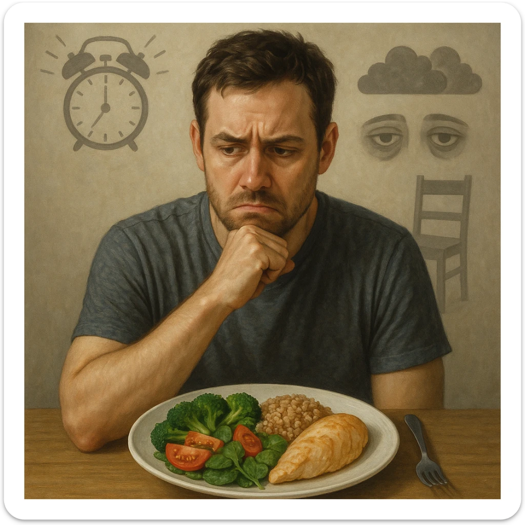 30-year-old thoughtful man sitting at a table in front of a healthy plate with vegetables, brown rice, and chicken, with a suspicious and worried expression towards the food. Behind him, transparent and blurred symbols: an alarm clock (stress), dark clouds (repressed emotions), dark circles under eyes (insomnia), and an empty chair (sedentary lifestyle). Neutral atmosphere, realistic style with a symbolic touch. sticker