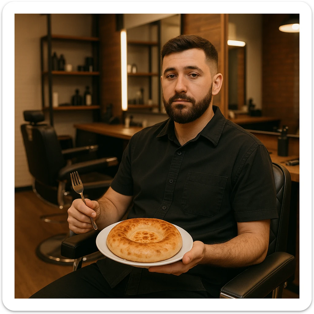 sartarosh xonada sal zamonaviy roq bulsin shunchaki tarelka v vilka ushlab utirsin tarelkada esa faqat uzbekcha non bulsin kayfiyati xam urtacha bulsin xursan bob ketmasin sticker