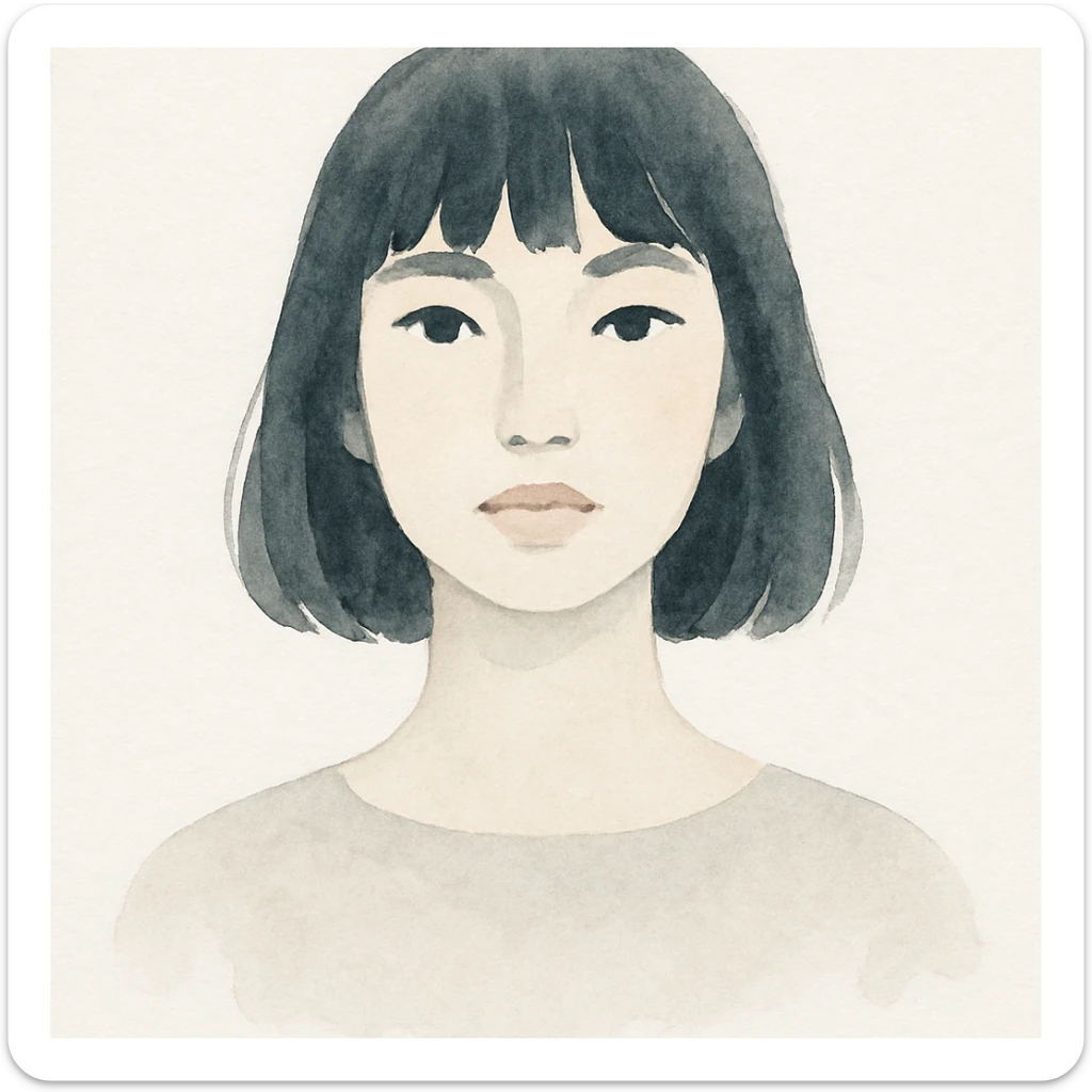 portrait of a girl with black shoulder-length hair, bangs, black almond-shaped eyes, full lips, and straight nose, watercolor style sticker