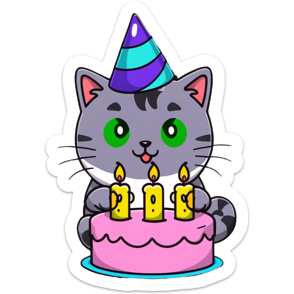 tricolor fluffy cat with big green eyes celebrating her birthday with a cake and champagne sticker